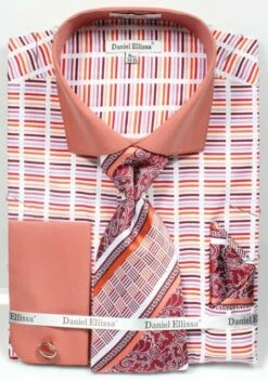 Daniel Ellissa Men's French Cuff Dress Shirt Set - Multicolor Stripe -Empire Shop rust 3783