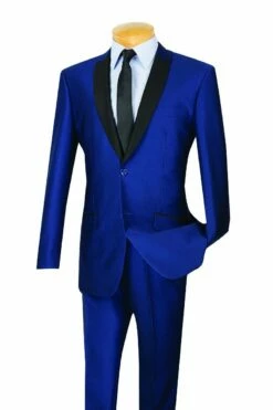 Vinci Men's 2 Pc Sharkskin Slim Fit Suit - Trimmed Shawl Collar 14 Vinci Men's 2 Pc Sharkskin Slim Fit Suit - Trimmed Shawl Collar -Empire Shop s2ps 1 blue