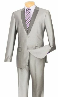 Vinci Men's 2 Pc Sharkskin Slim Fit Suit - Trimmed Shawl Collar