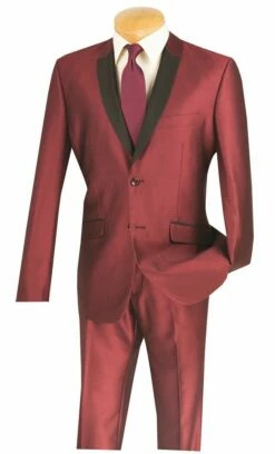 Vinci Men's 2 Pc Sharkskin Slim Fit Suit - Trimmed Shawl Collar 16 Vinci Men's 2 Pc Sharkskin Slim Fit Suit - Trimmed Shawl Collar -Empire Shop s2ps 1 maroon 30