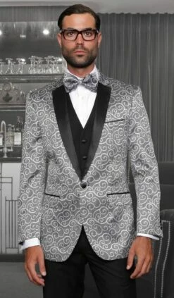 Statement Men's 3 Piece Modern Fit Suit - Studded Swirl Design -Empire Shop silver 1 2