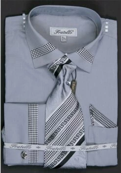 Fratello Men's French Cuff Dress Shirt Set - Houndstooth Patch 27 Fratello Men's French Cuff Dress Shirt Set - Houndstooth Patch -Empire Shop silver 9 1