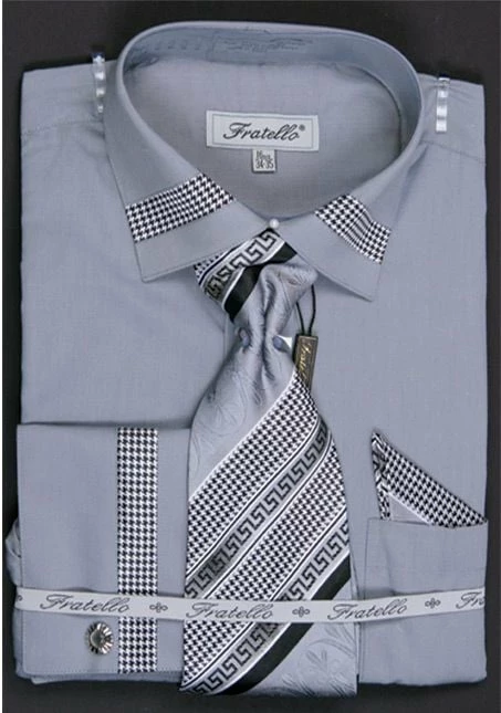 Fratello Men's French Cuff Dress Shirt Set - Houndstooth Patch 14 Fratello Men's French Cuff Dress Shirt Set - Houndstooth Patch - Image 12