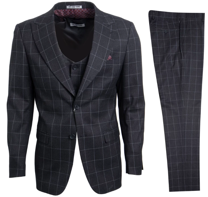 Stacy Adams Men's 3 Piece Executive Slim Suit - Sharp Windowpane 3 Stacy Adams Men's 3 Piece Executive Slim Suit - Sharp Windowpane