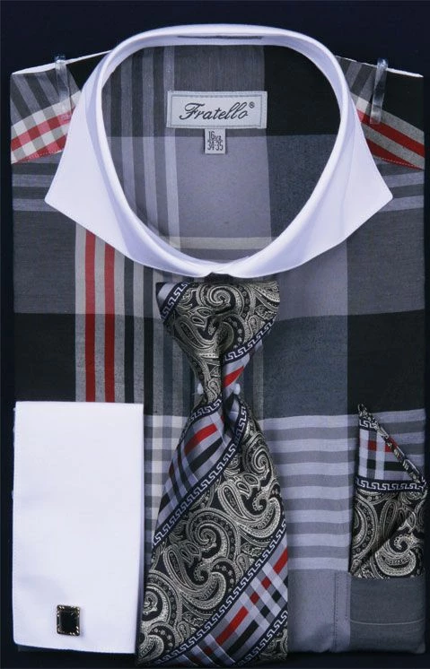 Fratello Men's French Cuff Dress Shirt Set - Colorful Multi Checker 13 Fratello Men's French Cuff Dress Shirt Set - Colorful Multi Checker - Image 11