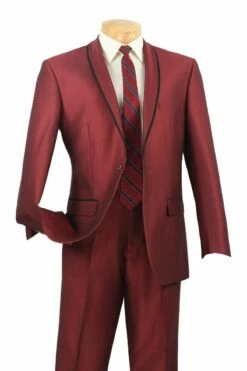 Vinci Men's Sharkskin Slim Fit Suit - Trimmed Shawl Lapel -Empire Shop ssh 1 maroon