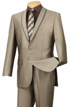 Vinci Men's Sharkskin Slim Fit Suit - Trimmed Shawl Lapel -Empire Shop ssh1 beige 1