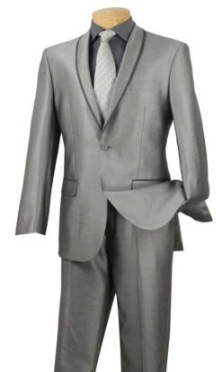 Vinci Men's Sharkskin Slim Fit Suit - Trimmed Shawl Lapel -Empire Shop ssh1 gray 1 opt 2