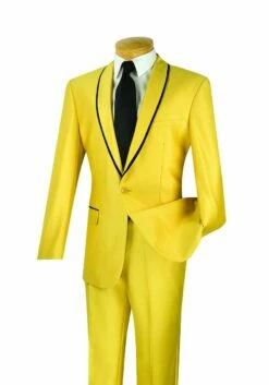 Vinci Men's Sharkskin Slim Fit Suit - Trimmed Shawl Lapel -Empire Shop ssh 1 gold