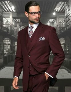 Statement Men's 100% Wool 3 Piece Suit - Tailored Fit -Empire Shop stzv 100 burgundy