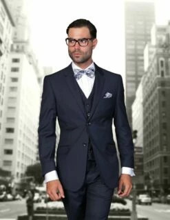 Statement Men's 100% Wool 3 Piece Suit - Tailored Fit -Empire Shop stzv 100 navy