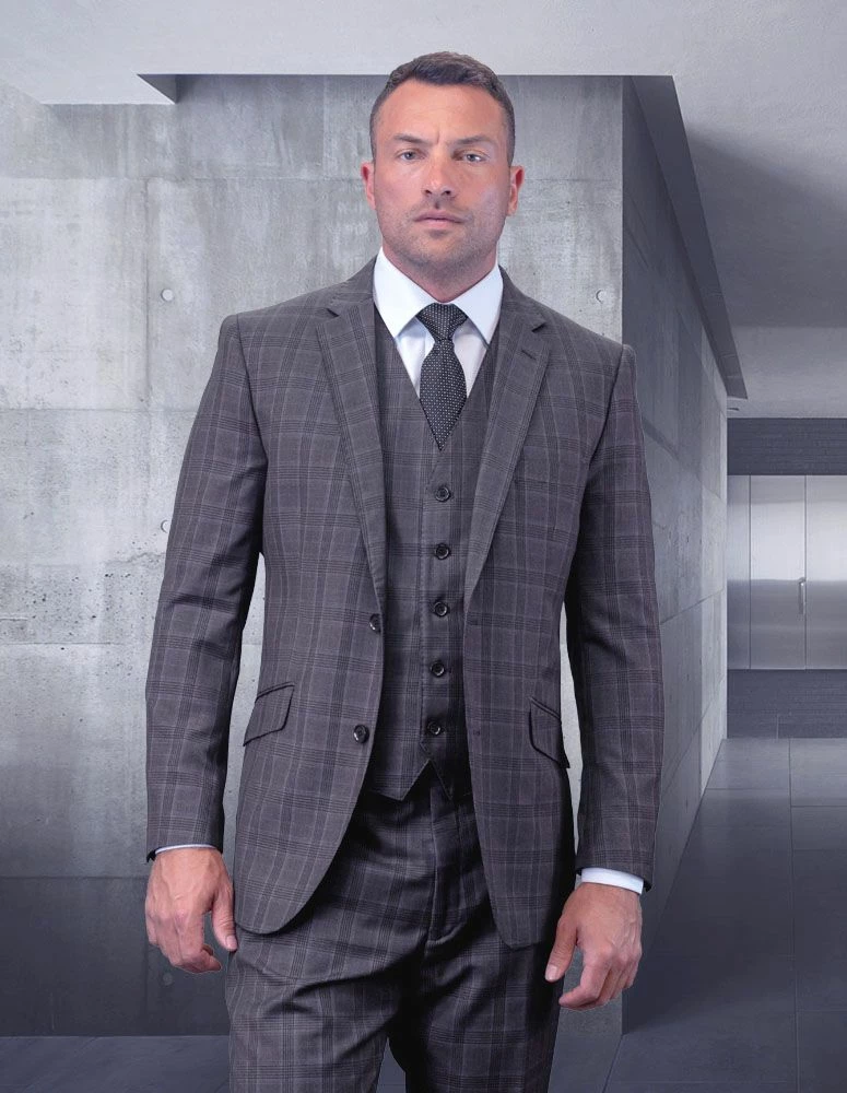Statement Men's 100% Wool 3 Piece Suit - Sleek Plaid 3 Statement Men's 100% Wool 3 Piece Suit - Sleek Plaid