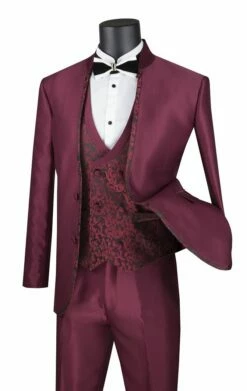 Vinci Men's 3 Piece Sharkskin Slim Fit Suit - Paisley Vest -Empire Shop sv2ht 2 burgundy 1