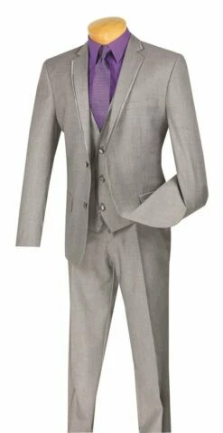 Vinci Men's 3 Piece Wool Feel Slim Fit Suit - Lapel Accent -Empire Shop sv2t 8 light gray 1 2