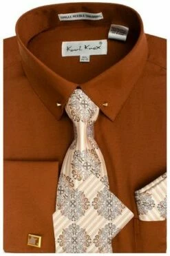 Karl Knox Men's French Cuff Shirt Set - Sharp Collar Bar -Empire Shop sx4437 brown
