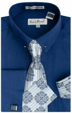 Karl Knox Men's French Cuff Shirt Set - Sharp Collar Bar -Empire Shop sx4437 navy