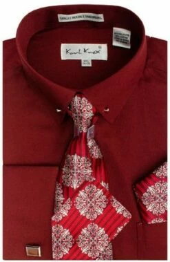 Karl Knox Men's French Cuff Shirt Set - Sharp Collar Bar -Empire Shop sx4437 wine