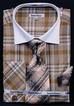 Daniel Ellissa Men's French Cuff Dress Shirt Set - Windowpane Plaid -Empire Shop tan 10