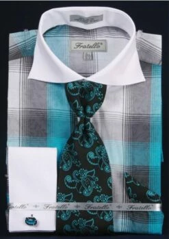 Fratello Men's French Cuff Dress Shirt Set - Contemporary Cotton -Empire Shop turq 2 1