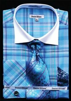 Daniel Ellissa Men's French Cuff Dress Shirt Set - Windowpane Plaid -Empire Shop turquoise 13 1