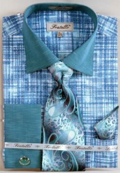Fratello Men's French Cuff Dress Shirt Set - Tone On Tone 9 Fratello Men's French Cuff Dress Shirt Set - Tone On Tone -Empire Shop turquoise 18