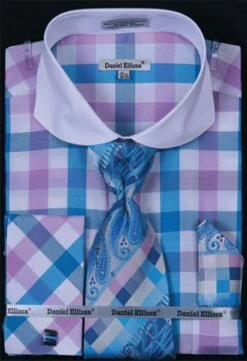 Daniel Ellissa Men's French Cuff Dress Shirt Set - Bright Checker -Empire Shop turquoise 2 1