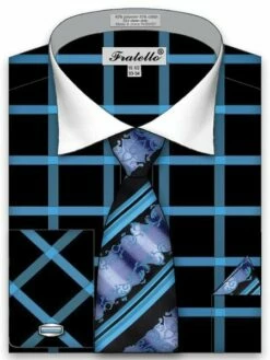 Fratello Men's French Cuff Dress Shirt Set - Dramatic Windowpane 20 Fratello Men's French Cuff Dress Shirt Set - Dramatic Windowpane -Empire Shop turquoise 4 1