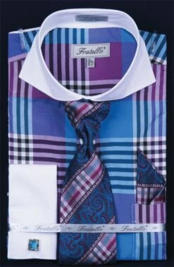 Fratello Men's French Cuff Dress Shirt Set - Colorful Multi Checker 29 Fratello Men's French Cuff Dress Shirt Set - Colorful Multi Checker -Empire Shop turquoise 5 1