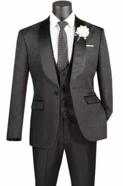 Vinci Men's 3 Piece Wool Feel Slim Fit Tuxedo - Jacquard Fabric