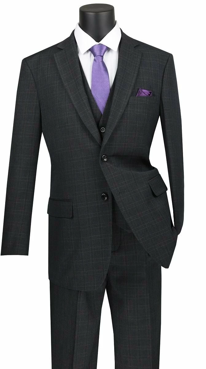 Vinci Men's 3 Piece Wool Feel Executive Suit - Windowpane 3 Vinci Men's 3 Piece Wool Feel Executive Suit - Windowpane