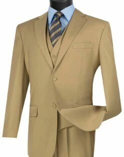 Vinci Men's 3 Piece Wool Feel Outlet Suit - Flat Front Pants -Empire Shop v2tr khaki 1 8
