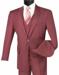 Vinci Men's 3 Piece Wool Feel Outlet Suit - Flat Front Pants -Empire Shop v2tr maroon 2 1 2
