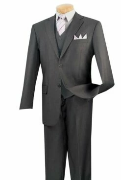 Vinci Men's 3 Piece Wool Feel Classic Suit - Flat Front Pants -Empire Shop v2tr heather gray 3
