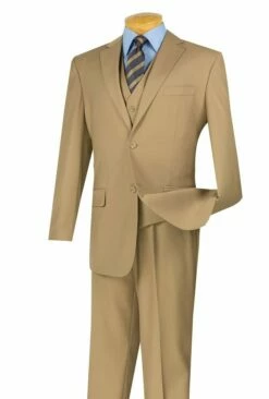 Vinci Men's 3 Piece Wool Feel Classic Suit - Flat Front Pants -Empire Shop v2tr khaki