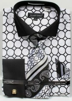 Avanti Uomo Men's French Cuff Dress Shirt Set - Printed Pattern -Empire Shop white 68