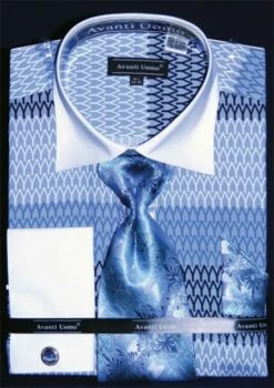 Avanti Uomo Men's French Cuff Dress Shirt Set - Two Tone Print -Empire Shop white blue 1