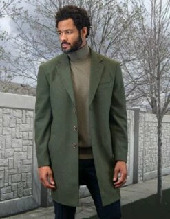 Statement Men's 3/4 Length 100% Wool Top Coat - Single Breasted -Empire Shop wj 100 olive