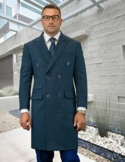 Statement Men's Full Length 100% Wool Top Coat - Double Breasted -Empire Shop wj 101 indigo
