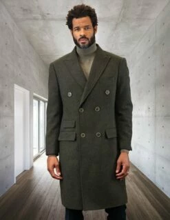Statement Men's Full Length 100% Wool Top Coat - Double Breasted -Empire Shop wj 101 olive