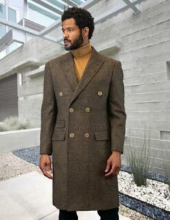 Statement Men's Full Length 100% Wool Top Coat - Double Breasted -Empire Shop wj 101 tan